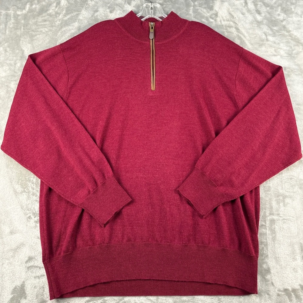 Orvis Sweater Mens XL Red Merino Wool Quarter Zip Pullover EUC